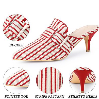 Women's Buckle Stripe Pointed Toe Slip on Stiletto Heel Mules