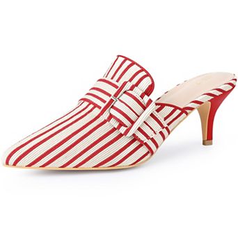 Women's Buckle Stripe Pointed Toe Slip on Stiletto Heel Mules