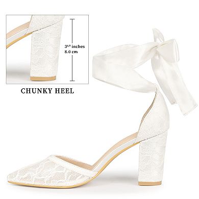 Women's Pointed Toe Lace Up Bridal Block Heel Lace Pumps