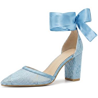 Women's Pointed Toe Lace Up Bridal Block Heel Lace Pumps