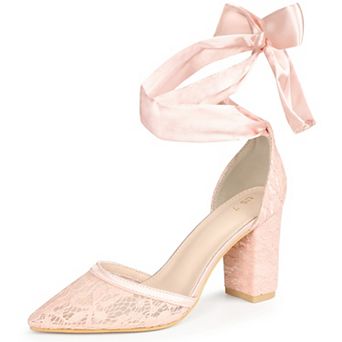 Women's Pointed Toe Lace Up Bridal Block Heel Lace Pumps