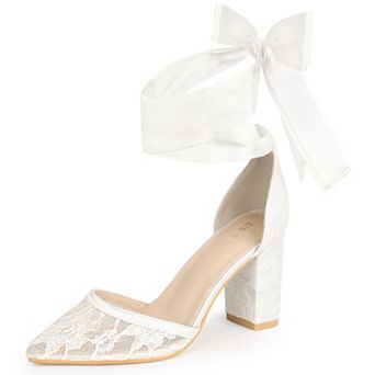 Women's Pointed Toe Lace Up Bridal Block Heel Lace Pumps