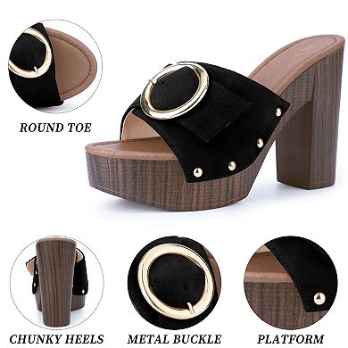 Women's Buckle Chunky High Heels Slip on Platform Sandals