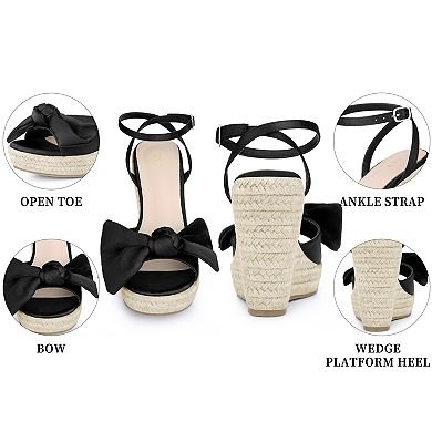 Women's Bow Knot Platform Sandal Wedge Heel Adjustable Buckle Ankle Strap Sandals