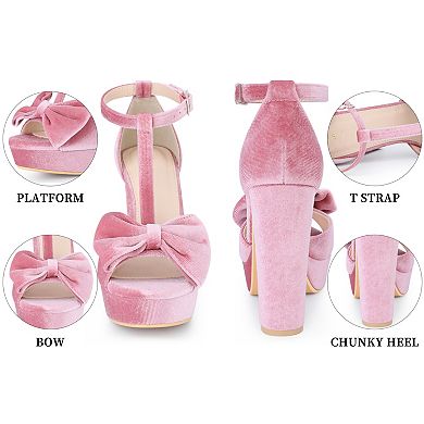 Women's Bow Knot Heels T-Strap Platform Chunky High Heel Sandals