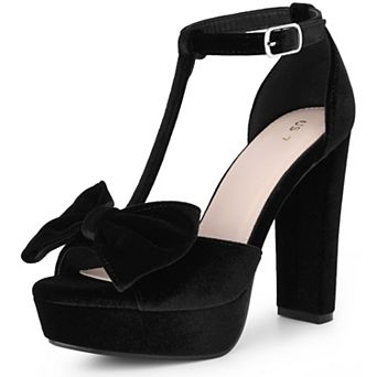 Women's Bow Knot Heels T-Strap Platform Chunky High Heel Sandals
