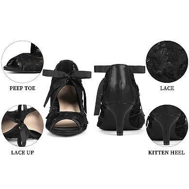 Women's Peep Toe Lace Up Pumps Lace Wedding Stiletto Heel Sandals