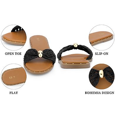 Women's Flats Sandal Raffia Knot Open Toe Slippers Slip-On Slides Sandals