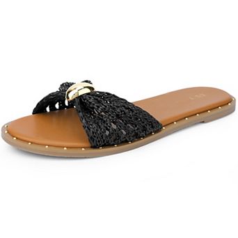 Women's Flats Sandal Raffia Knot Open Toe Slippers Slip-On Slides Sandals