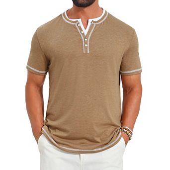Men's Henley Shirt V-Neck Colorblock Button Down Short Sleeve T-Shirt