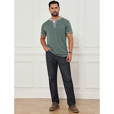 Men's Henley Shirt V-Neck Colorblock Button Down Short Sleeve T-Shirt