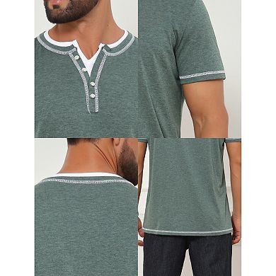 Men's Henley Shirt V-Neck Colorblock Button Down Short Sleeve T-Shirt