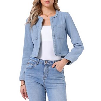 Denim Jacket for Women's Collarless Open Front Crop Jean Jackets Coat