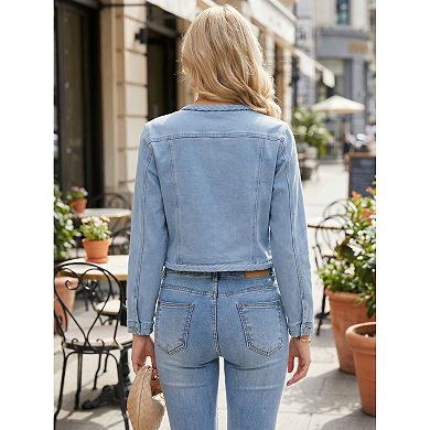 Denim Jacket for Women's Collarless Open Front Crop Jean Jackets Coat