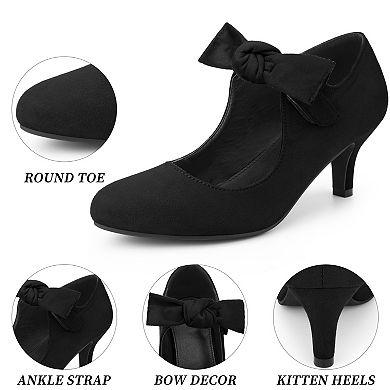 Women's Round Toe Knot Hook and Loop Strap Kitten Heel Pumps
