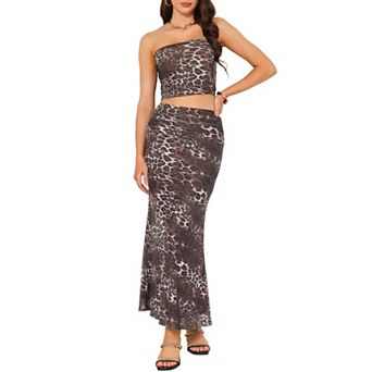Women's Summer Two Piece Skirt Set Leopard Print Strapless Crop Tube Top Skirts Vacation Outfits