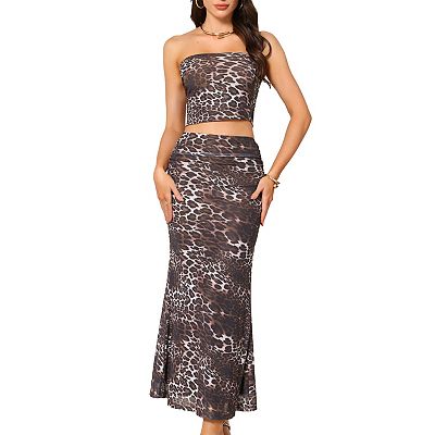 Women's Summer Two Piece Skirt Set Leopard Print Strapless Crop Tube Top Skirts Vacation Outfits