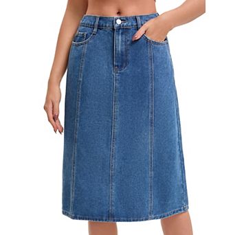 Women's Denim Skirt High Waist A Line Elastic Back Waist Casual Knee Length Jean Skirts