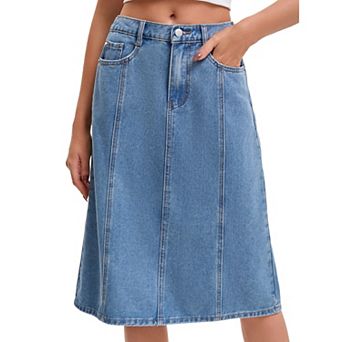 Women's Denim Skirt High Waist A Line Elastic Back Waist Casual Knee Length Jean Skirts