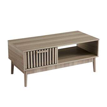 Mid Century Modern Fluted Coffee Table with 1 Storage Drawer and Open Shelf, 39.4", Natural