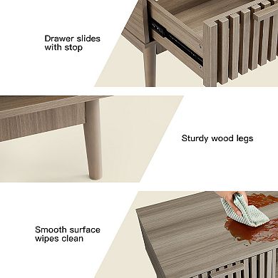 Mid Century Modern Fluted Coffee Table with 1 Storage Drawer and Open Shelf, 39.4", Natural