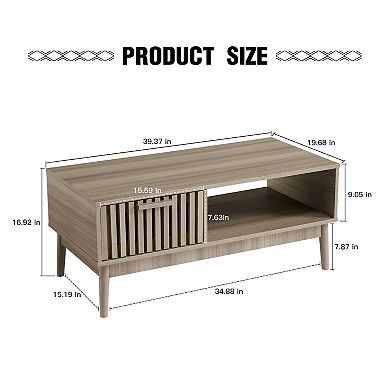 Mid Century Modern Fluted Coffee Table with 1 Storage Drawer and Open Shelf, 39.4", Natural