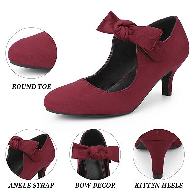 Women's Round Toe Knot Hook and Loop Strap Kitten Heel Pumps