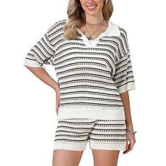 2 pc Crochet Short Sets for Women Summer Striped V Neck Short Sleeve Tops Casual Beach Outfits