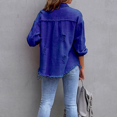Mid-Length Frayed Distressed Denim Jacket for Women Collared Long Sleeve Casual Vintage Coat