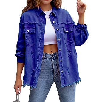 Mid-Length Frayed Distressed Denim Jacket for Women Collared Long Sleeve Casual Vintage Coat
