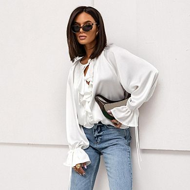 Women's V-Neck Tie Front Shirt Ruffled Bell Sleeve Classic Versatile Commute Date Top