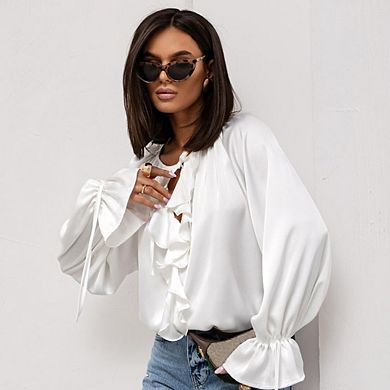 Women's V-Neck Tie Front Shirt Ruffled Bell Sleeve Classic Versatile Commute Date Top