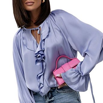 Women's V-Neck Tie Front Shirt Ruffled Bell Sleeve Classic Versatile Commute Date Top