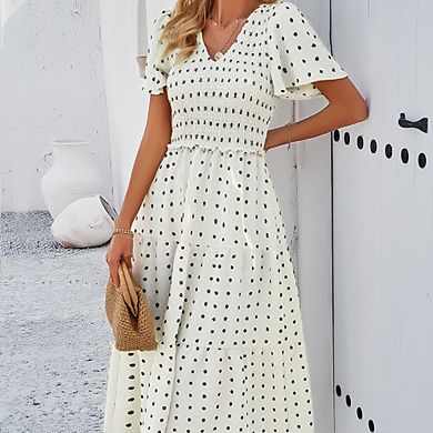 Women's Casual Polka Dot Short Sleeve Dress Classic Smocked V-Neck Solid Color Retro Versatile Dress