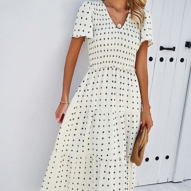 Women's Casual Polka Dot Short Sleeve Dress Classic Smocked V-Neck Solid Color Retro Versatile Dress