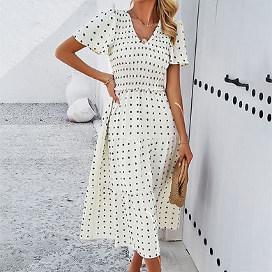 Women's Casual Polka Dot Short Sleeve Dress Classic Smocked V-Neck Solid Color Retro Versatile Dress