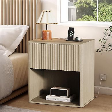 Fluted Night Stand with Charging Station & LED Lights,Modern Nightstand with Drawers Set 2