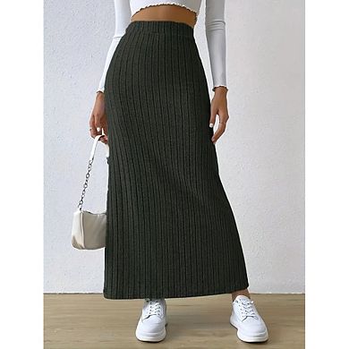 Women's High Waist Slim Fit Midi Skirt Solid Color Side Split Daily Commute Skirt