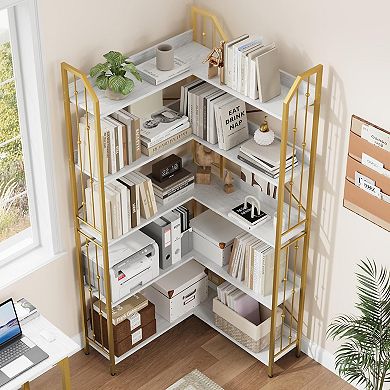 L Shaped Corner Bookcase,Industrial Bookcase 5/7 Tier Bookcases with Bead Design,Display Rack Shelf