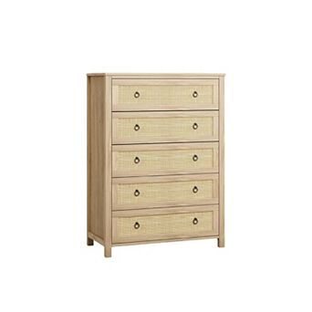 Rattan Dresser for Bedroom with 5 Drawers, Chest of Large Drawers with Large Clothes Storage Cabinet