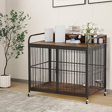 Wooden Dog Crate, w/Adjustable Feeder, Indoor Kennel End Table for Medium Dogs, 360° Locking Wheels