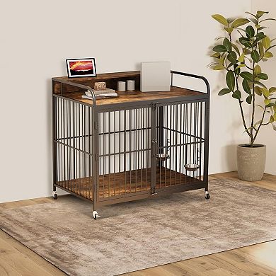 Wooden Dog Crate, w/Adjustable Feeder, Indoor Kennel End Table for Medium Dogs, 360° Locking Wheels