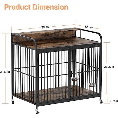 Wooden Dog Crate, w/Adjustable Feeder, Indoor Kennel End Table for Medium Dogs, 360° Locking Wheels