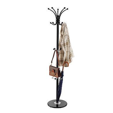 Freestanding Coat Rack with Umbrella Holder Marble Base 14 Hooks