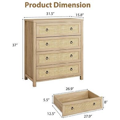 Rattan Dresser for Bedroom,4-Drawer Chest , Freestanding Clothes Storage Cabinet
