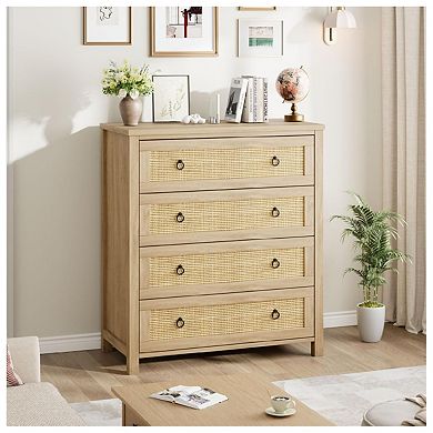 Rattan Dresser for Bedroom,4-Drawer Chest , Freestanding Clothes Storage Cabinet