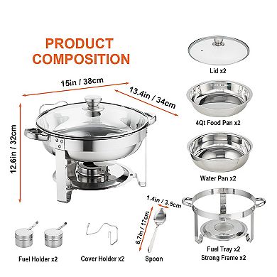 Chafing Dish Set 4 Qt 2-Pack Stainless Steel Round Buffet Servers with Glass Lids