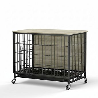 Wooden Dog Crate Furniture Side End Table, Indoor Kennel w/Double Doors, 32.5"