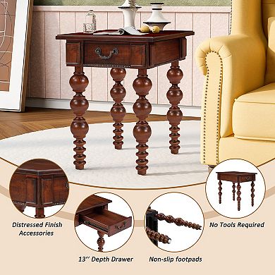 Vintage Solid Wood End Table Narrow Sofa Side Table with Drawer