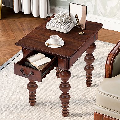 Vintage Solid Wood End Table Narrow Sofa Side Table with Drawer